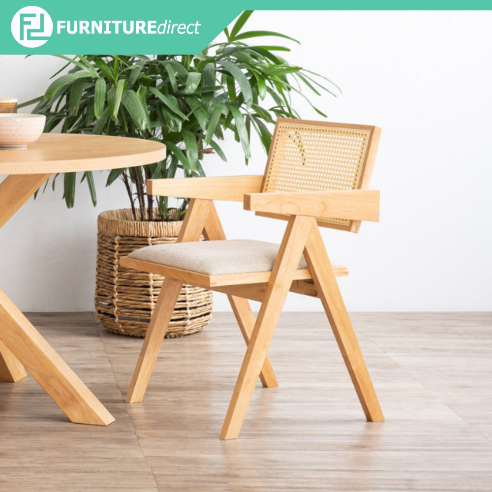 Furniture Direct KAIRA Solid Wood Synthetic rattan back rest kerusi makan Dining Arm Chair-Natural