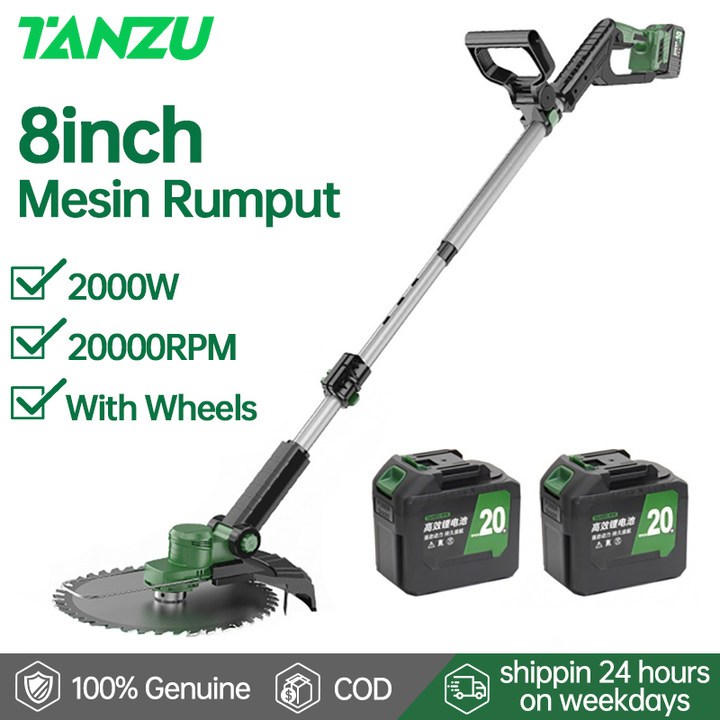 TANZU 8" Mesin Rumput Bateri Heavy Duty Mesin Potong Rumput Dengan Roda Latihan 20000RPM 割草机