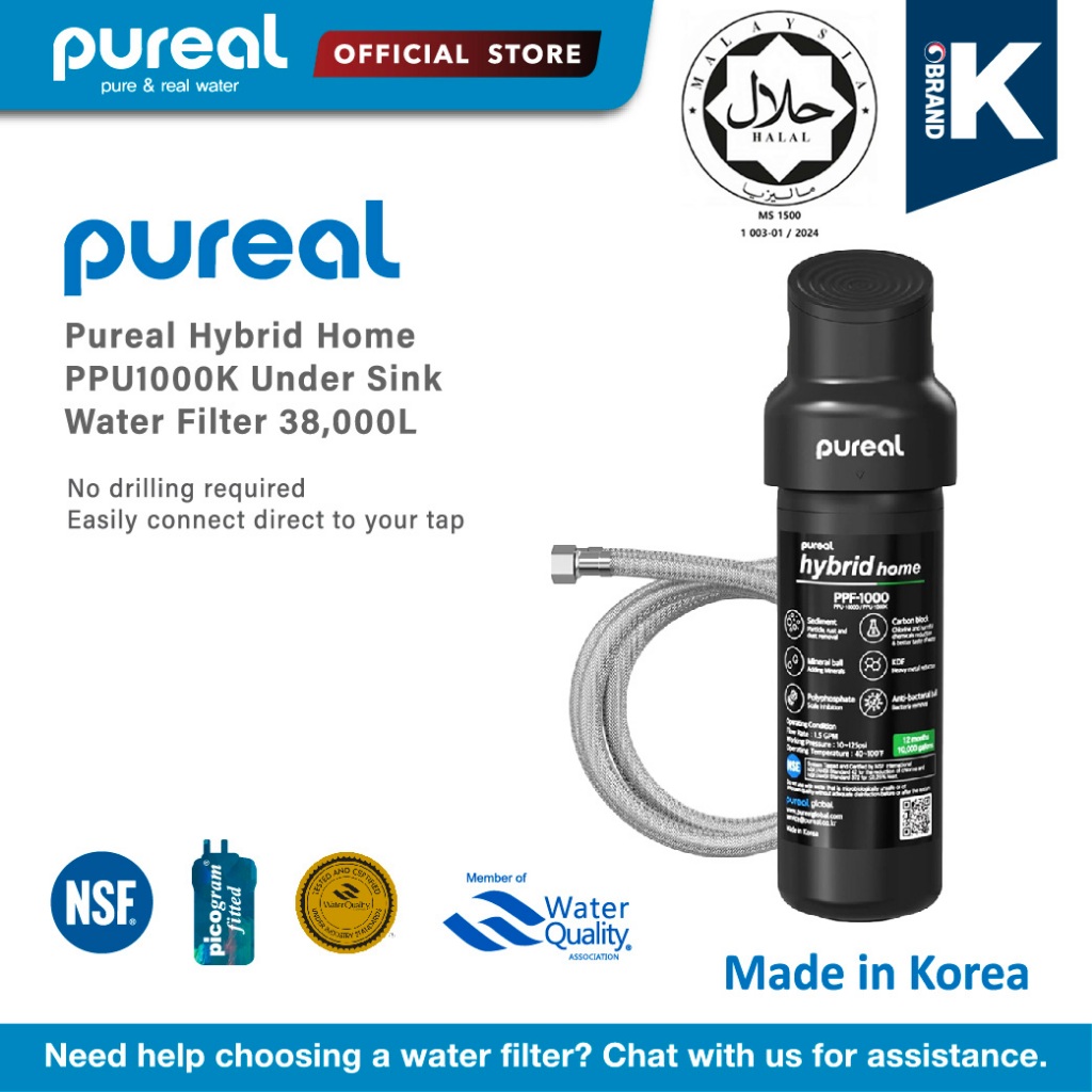 (Jakim Halal) Pureal Hybrid Home PPU1000K UnderSink Water Filter 38,000L, NSF 42 & 372, Food Preparation, Boiler, Coffee