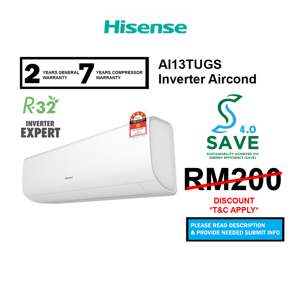 (SAVE 4.0) Hisense Aircond 1.5HP Inverter 5 Stars R32 Air Conditioner AI13TUGS TUGS