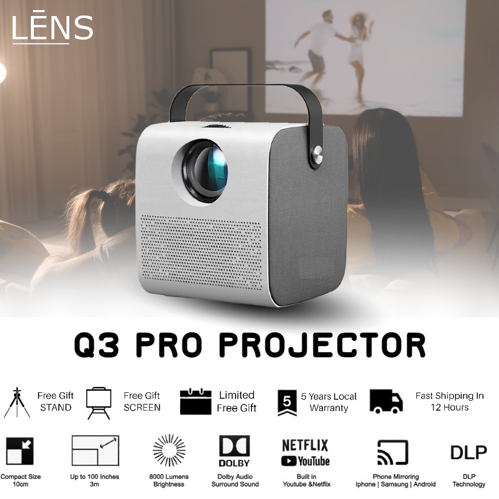 ✨Q3 Pro Projector 4K UHD Resolution Built-in Android IOS Portable Mini Quality Projector 4k UHD✨