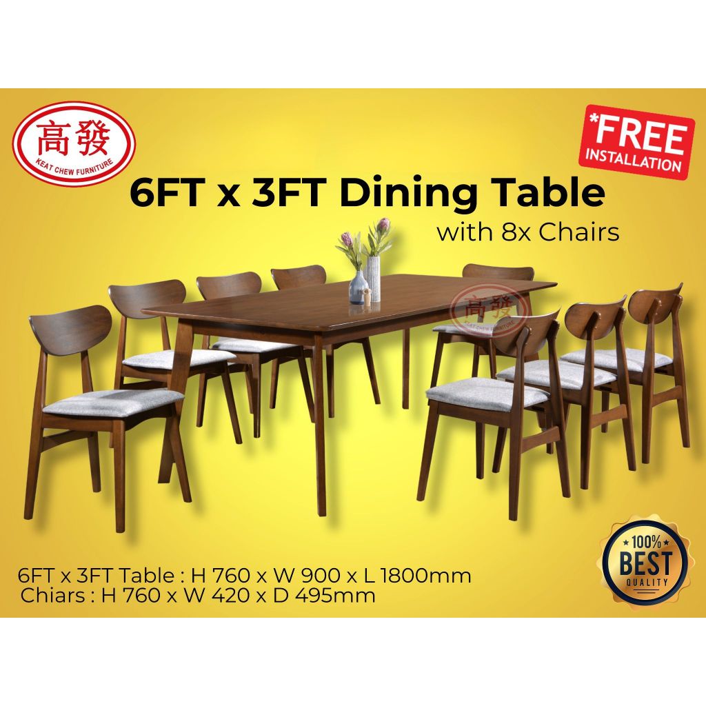 6FT x 3FT Dining Set Wooden Dining Table + 8 Cushion Chair Meja Maka Kayu Kerusi Kayu Dining Set