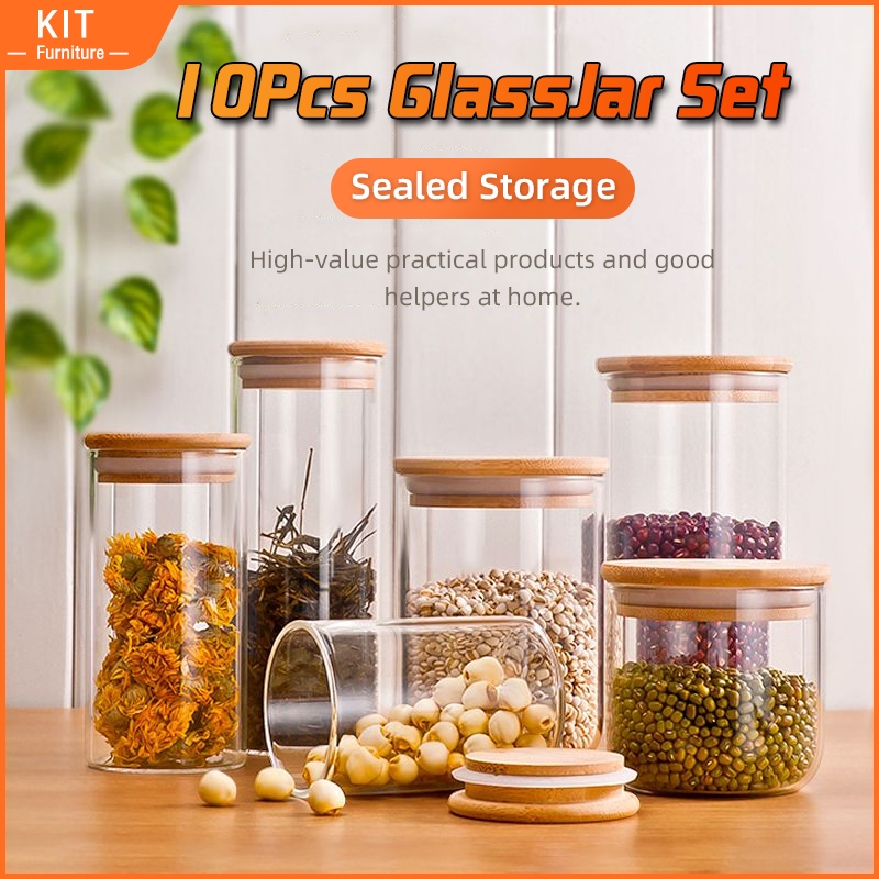 Free Shipping KIT Furniture 10Pcs Glass Jar Set Seasoning Bottle Bamboo Rack Wooden Stand Rack Spice Organizer