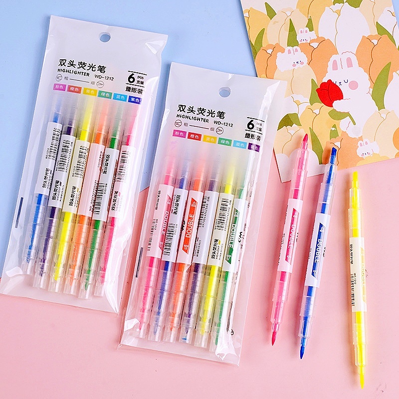 6 Colors Double Head Highlighter Pen 6pcs Set Journal Drawing Student Office Stationery 双头荧光笔