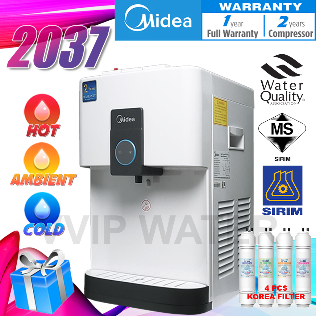 2024 MIDEA Hot & Warm & Cold Tabletop Water Dispenser 2037 - Compressor Cooling -4 Korea Halal Filter - Sirim Certified