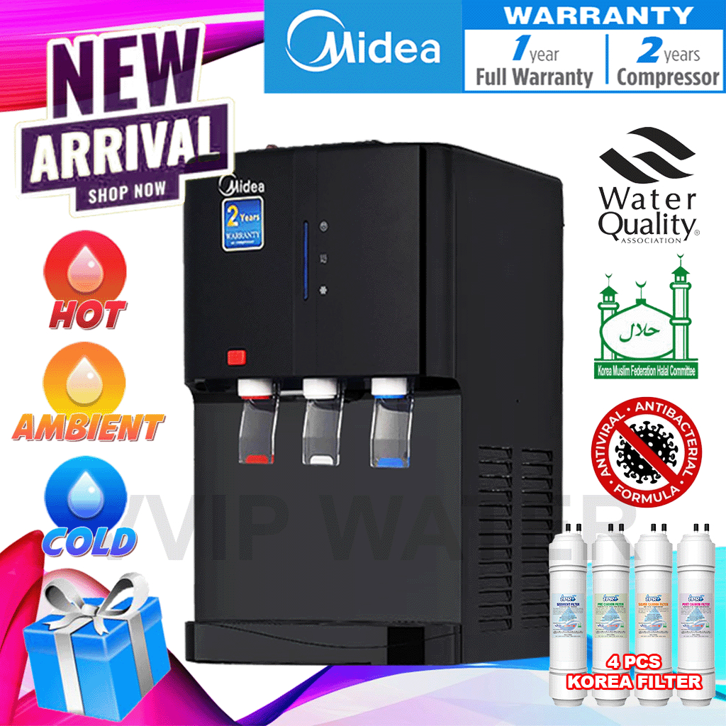 New Design Midea Mild Alkaline Tabletop Water Dispenser Hot & Ambient & Cold Model: 2382 With 4 Korea Water Filter