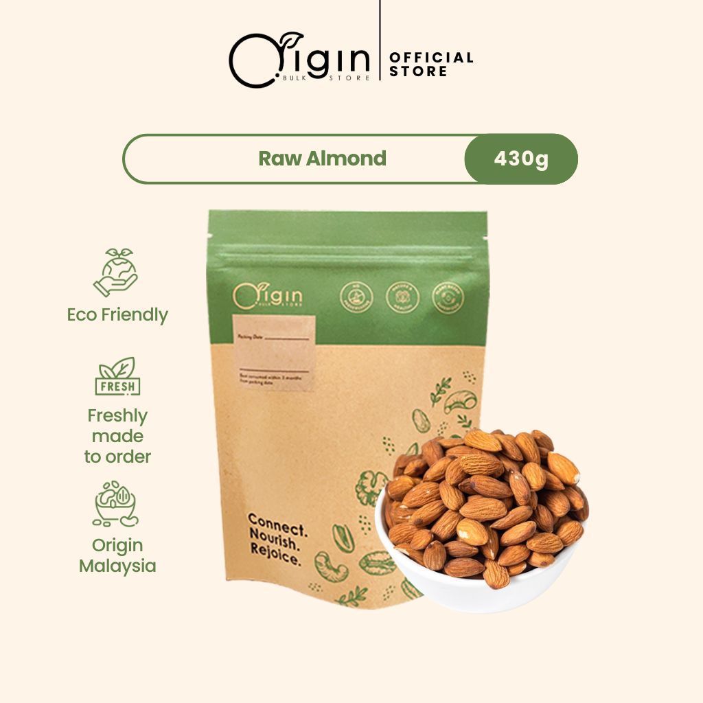 Origin Bulk Store Raw Nuts - Raw Almonds (USA) 430g Big Pack Muslim Friendly