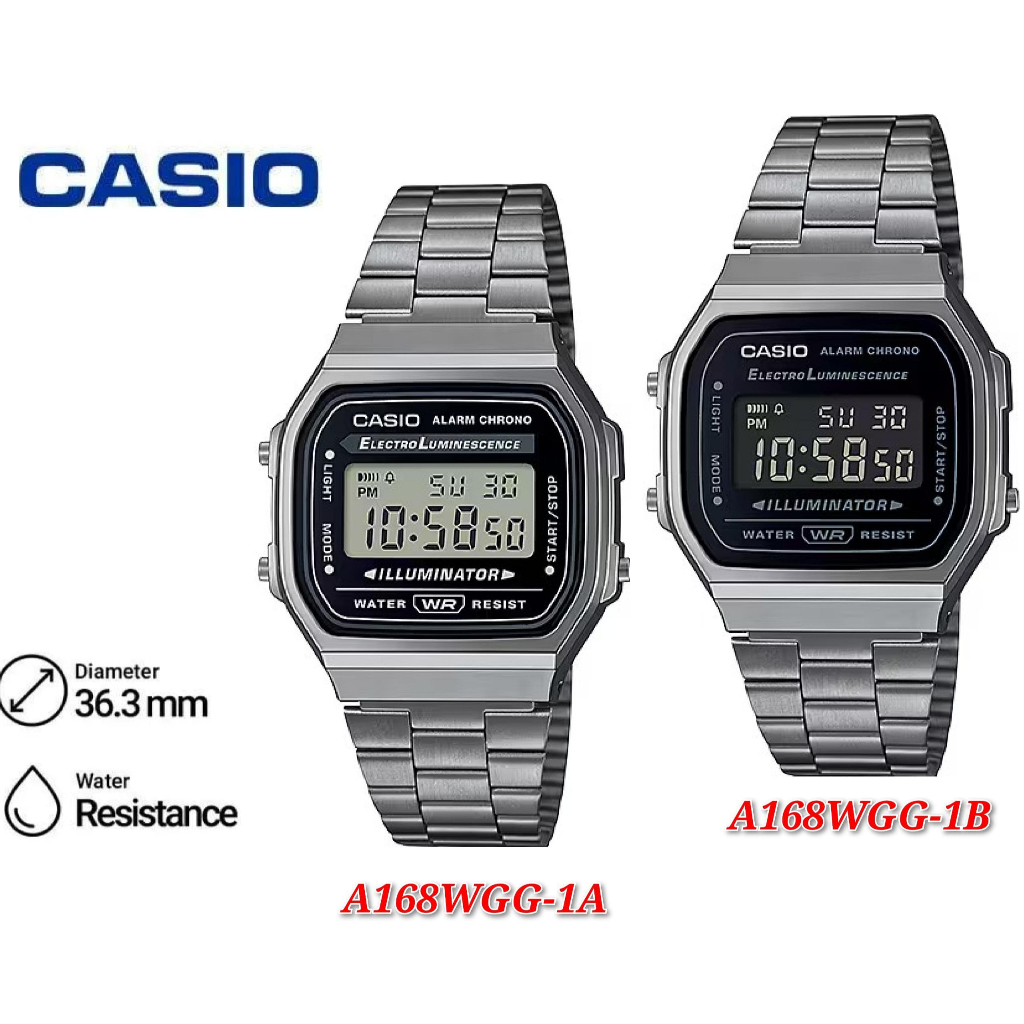 Casio VINTAGE A168WGG Men Digital Classic Black Dial Grey Stainless Steel Strap Original Casual Watch - A168WGG-1B