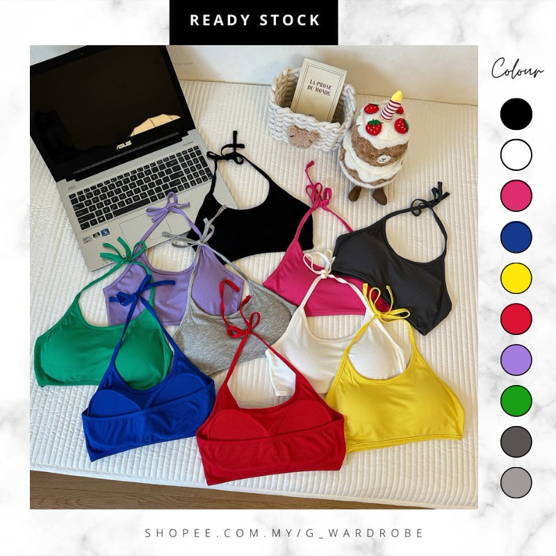 【Ready Stock】Beach vacation with breast pads and sexy backless halterneck camisole summer short outer top with laces