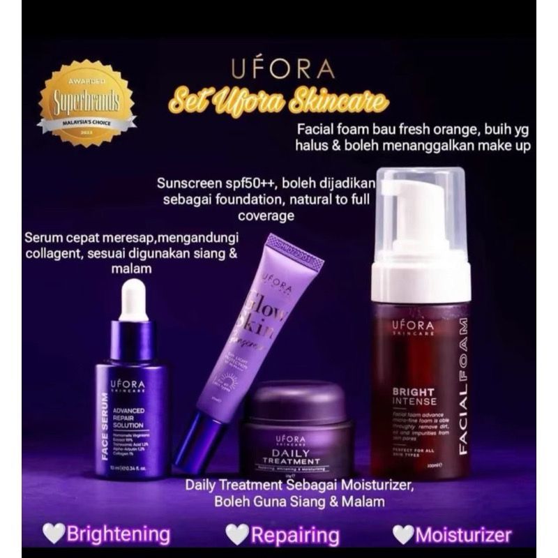 [ORIGINAL] UFORA SkinCare Full Set Original HQ Facial Foam SunScreen Face Serum Daily Treatment @ SunGlow Powder Glow