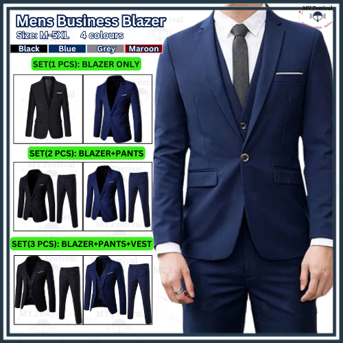 Men Blazer Set Suit Vest Kemeja Lelaki Smart Formal Business Wedding Blazzer Korean Office Outerwear Coat Slack Pants
