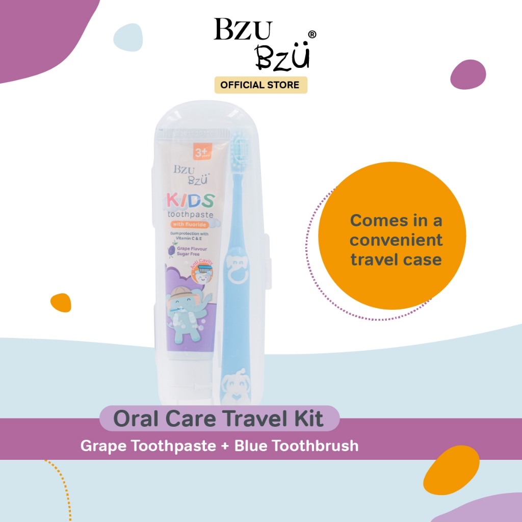 BZU BZU Oral Care Travel Kit - Blue Colour Toothbrush with a Travel Protective Cap and Grape Flavour Toothpaste