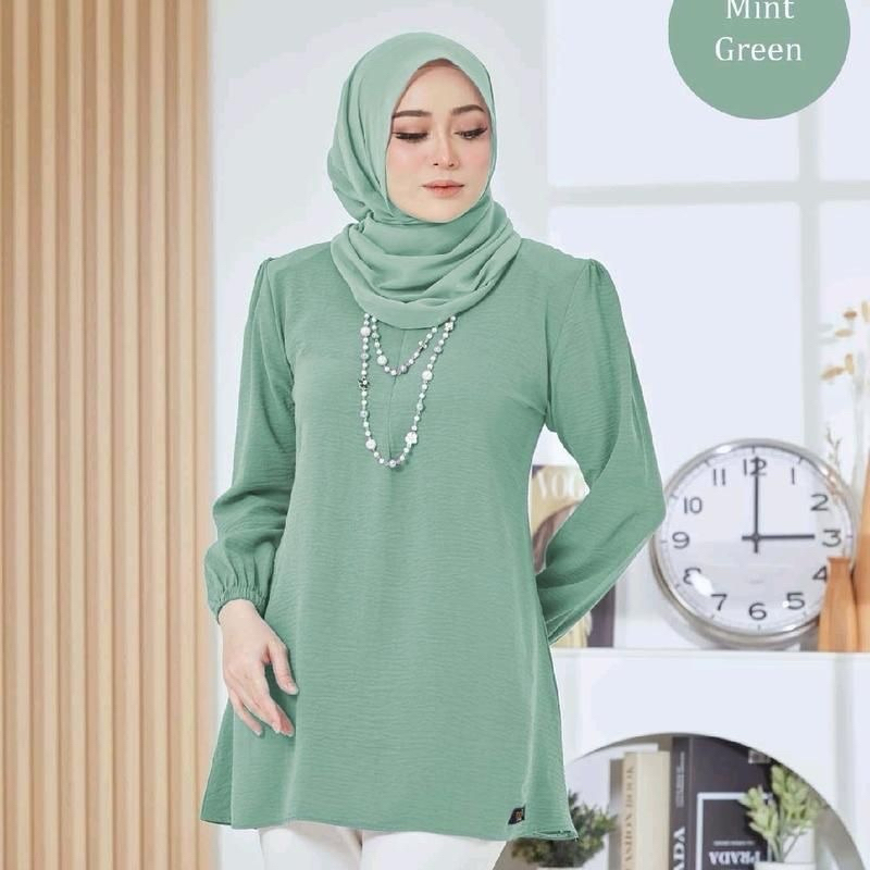 Muslima top Blouse Puff Shoulder plain Cey Ironless murah
