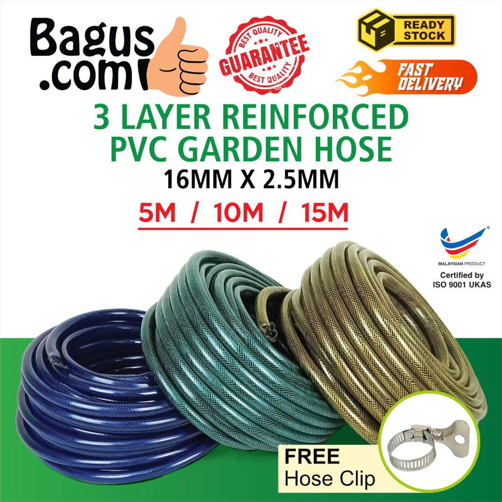 My Bagus Quality Reinforced PVC Flexible Garden Hose with Free Hose Clip (5M / 10M / 15M)