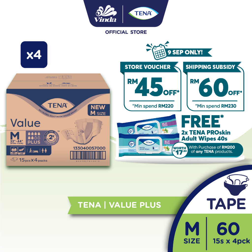 TENA Value Box Adult Diaper M15/L15/XL15 (4 Packs)