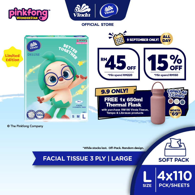 Vinda Deluxe Facial Tissue Large 3ply PinkFong Limited Edition (4x110s)