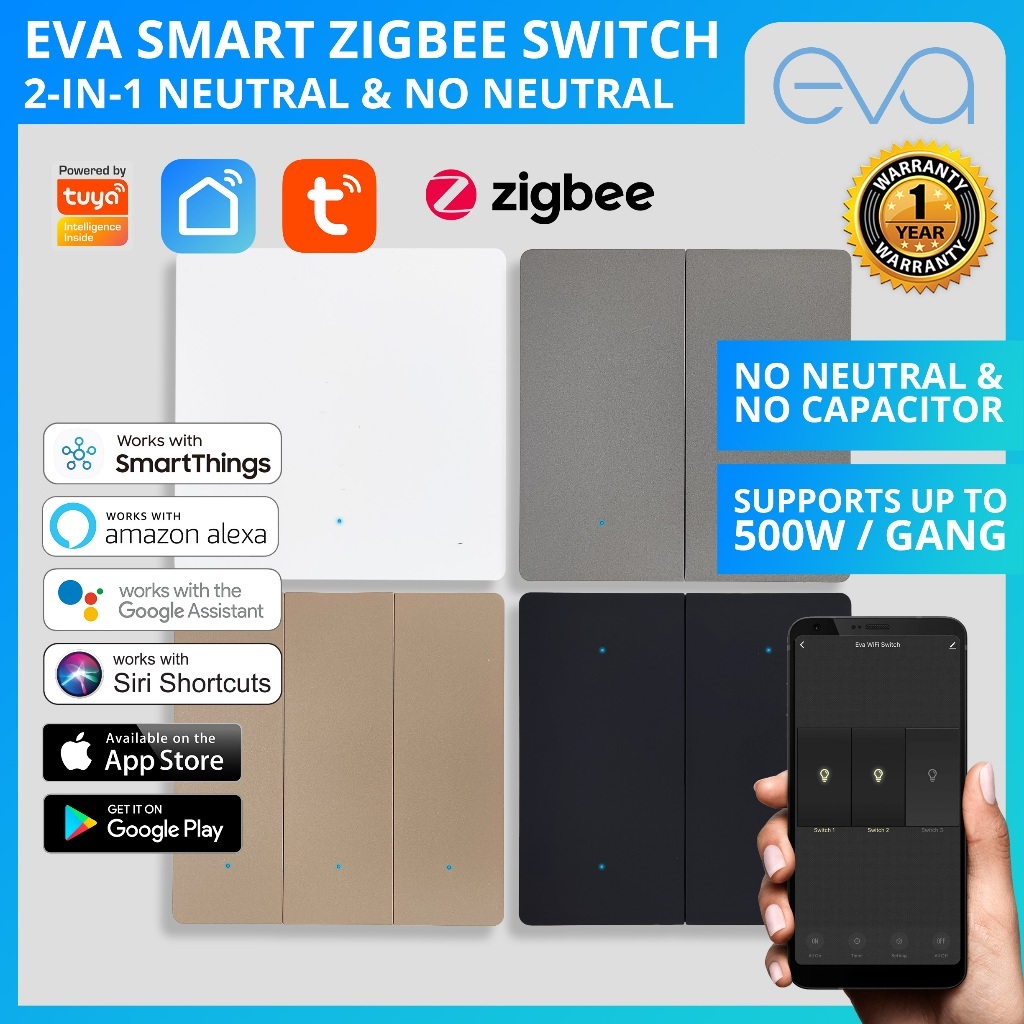 Eva ZIGBEE Mechanical 1/2/3/4 Gang Mechanical Switch Max 500W Works on Tuya Smart Life App [No Neutral & No Capacitor]