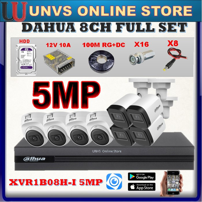 DAHUA 5MP 8-CHANNEL 8CH FULL PACKAGE SET 8-CH 2K DVR +HDD+CABLE+POWER P2P ONLINE PHONE(Ready Stock Fast Shipping)