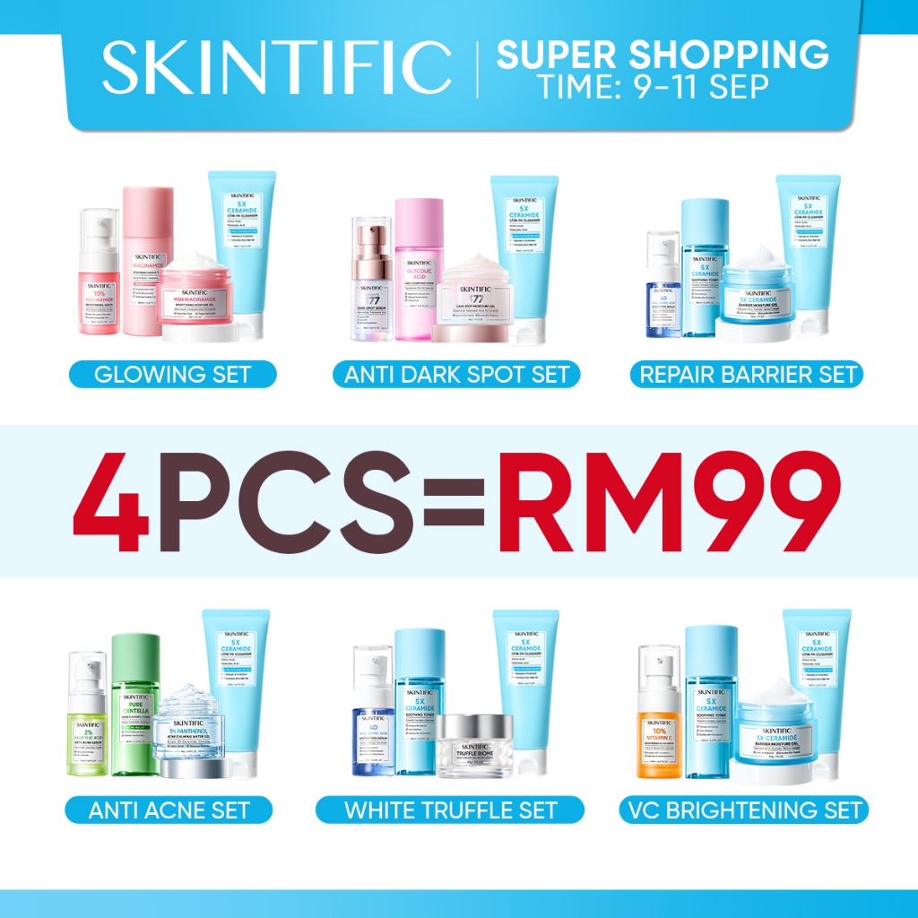 SKINTIFIC Skincare 4pcs Paket Set With Serum Low pH Cleanser Barrier Repair Moisture Gel Daily Toner Dark Spot Acne Scar