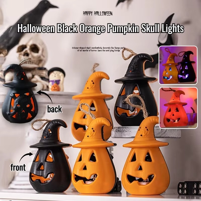 2PCS LED Portable double sided Pumpkin Lantern Lights Ghost Lights Skeleton Candle Lights Halloween Party Horror Props