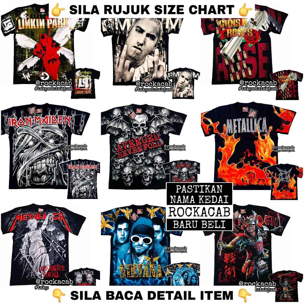 (Pit 20-26) Baju OVP Overprint Iron Maiden Metallica Megadeth Nirvana Eminem A7X Beatles Band Tshirt MSD THE ROXX