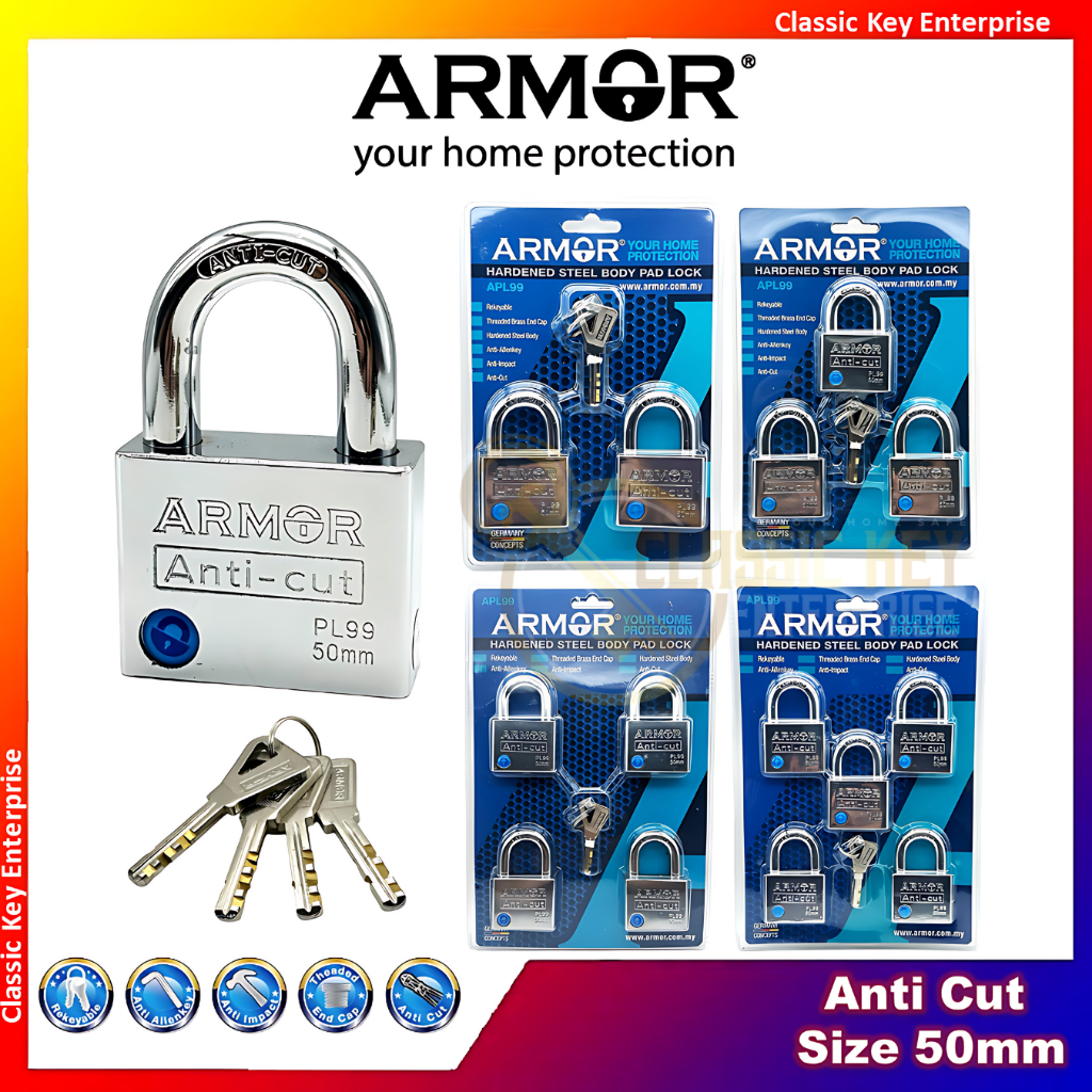 ARMOR Padlock APL-99 Hardened Steel Body Anti Cut (Size 50mm)