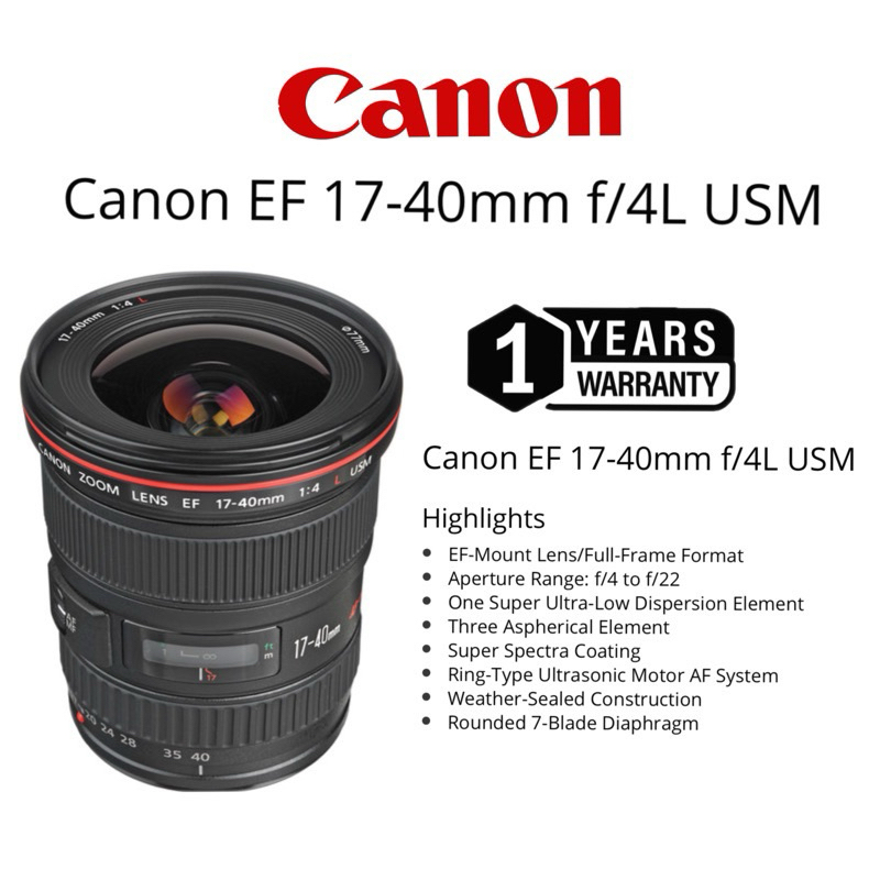 (NEW)CANON EF 17-40MM F/4L USM ULTRASONIC L LENS ORIGINAL (1 YEARS WARRANTY) CANON MOUNT FULL FRAME FORMAT 17-40MM 17-40