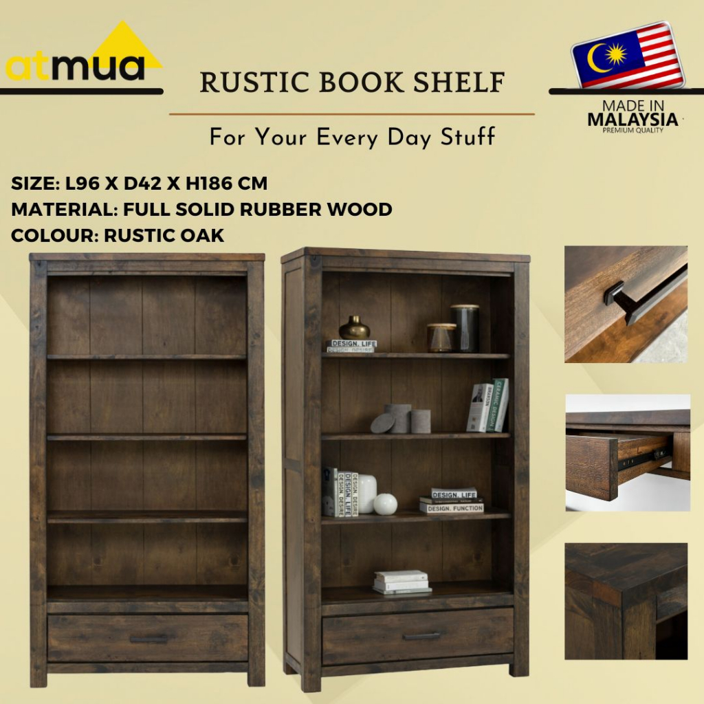 Atmua Furniture Rustic Book Shelf Display Cabinet Full Solid Rubber Wood Living Room