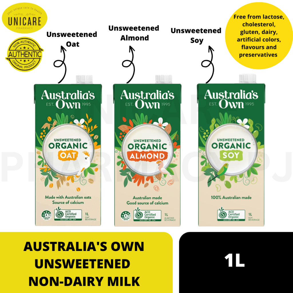 AUSTRALIA'S OWN UNSWEETENED ORGANIC (OAT/ALMOND/SOY) MILK 1L. Free from lactose, cholesterol, gluten, dairy