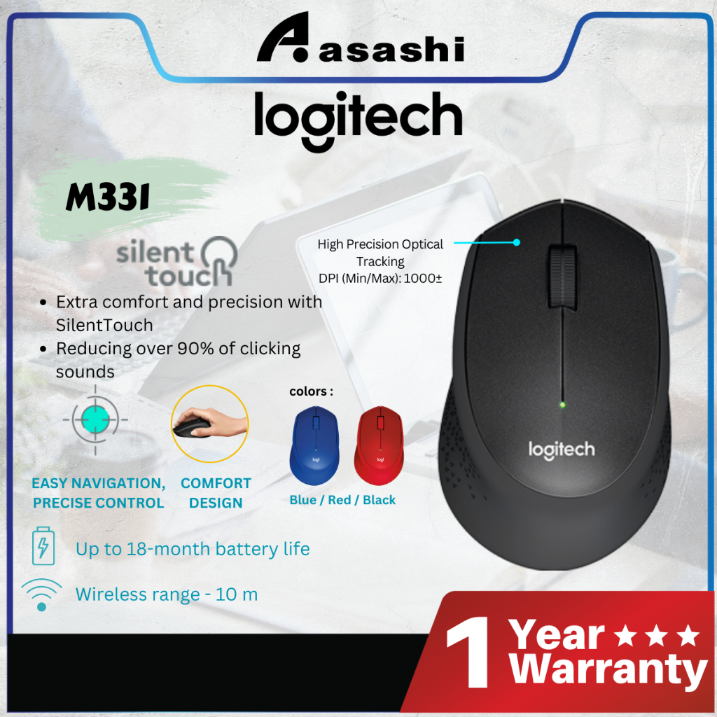 Logitech M331 Silent Plus Wireless Mouse, 2.4 GHz, 3 Buttons, PC/Mac/Laptop/Chromebook - Black / Blue / Red(Hot sales)