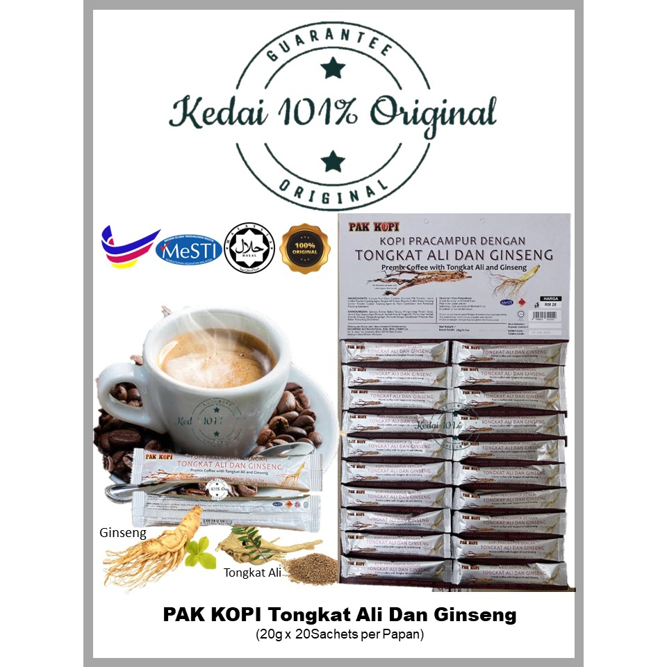 PAK KOPI Tongkat Ali Dan Ginseng (20g x 20Sachets per Papan)Original Malaysia Halal