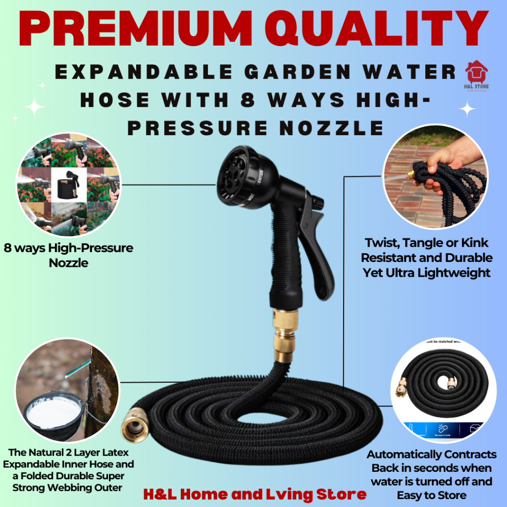 Expandable Garden Water Hose with 8 ways High-Pressure Nozzle(25,50,75,100FT)