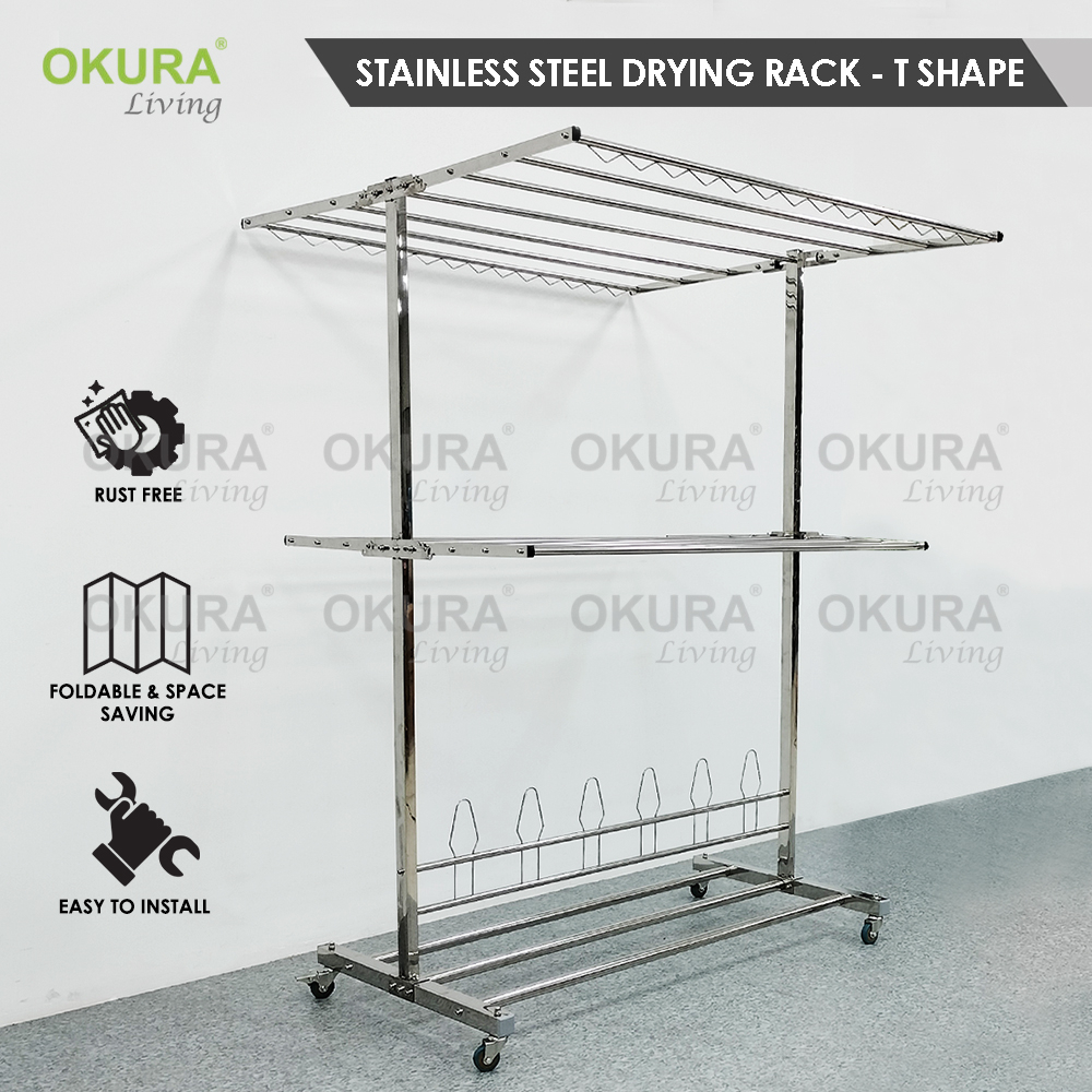 OKURA Stainless Steel Clothes Rack Cloth Drying Rack Foldable Mobility Clothing Shoe Hanger / Rak Penyidai Baju Ampaian