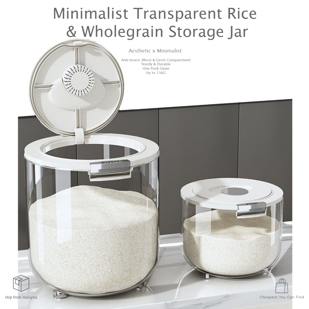 CYCY Minimalist Aesthetic Transparent Dry Food Rice or Wholegrain Storage Jar 15Kg with Anti Mois,Germ & Insect