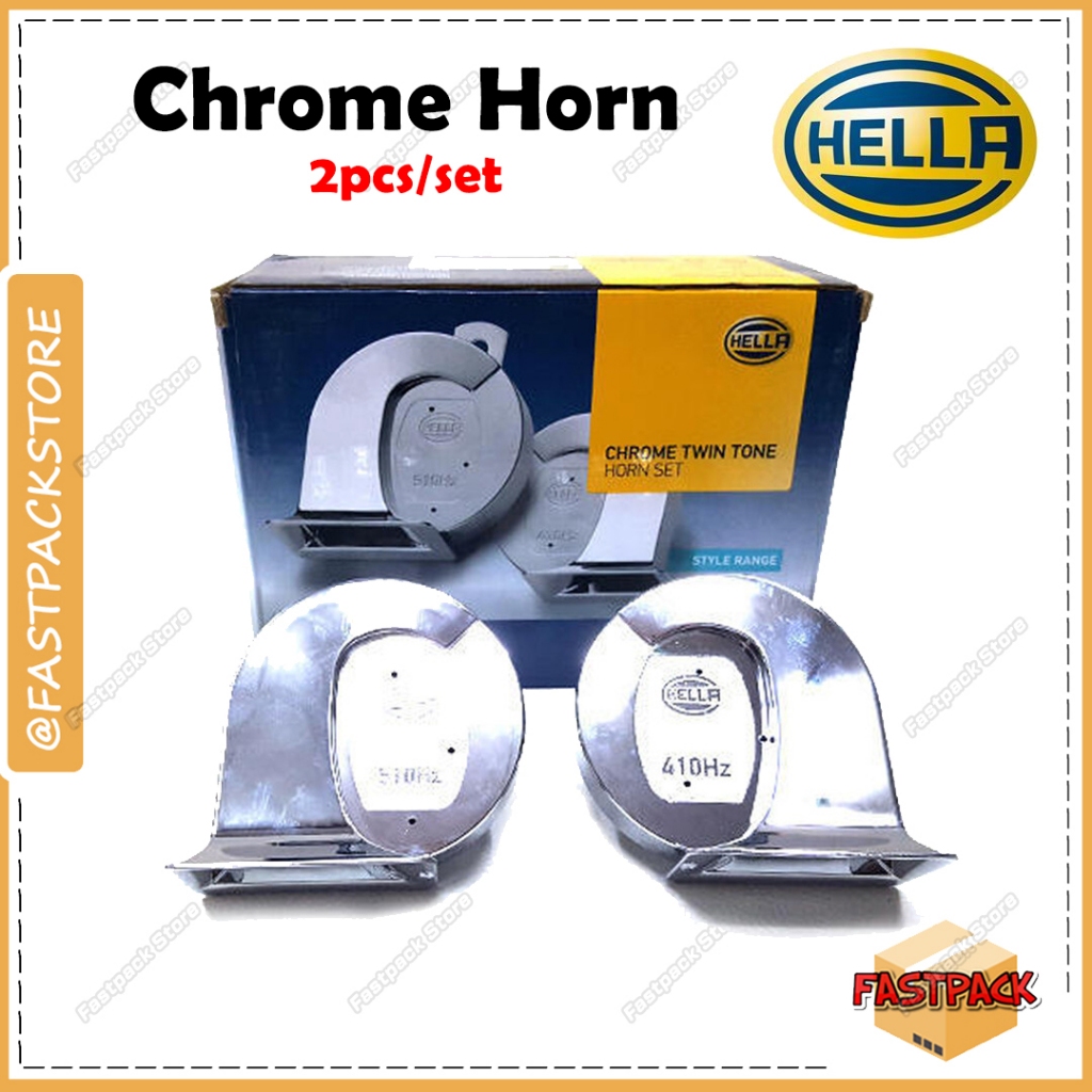 HELLA Chrome Twin Tone Horn Set 12V for Passenger cars 112dB Dual Tone Hon Kereta Fanfare Horn Silver 2pcs/set