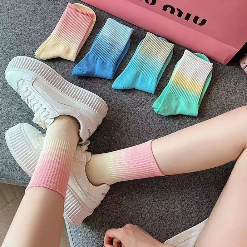 1 pair INS rainbow socking袜子渐变色运动袜女春秋季ins潮棉网红日系情侣秋冬款中筒袜