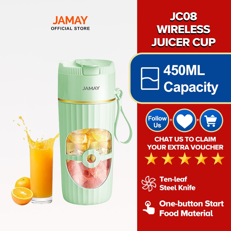 JAMAY Electric Juicer Cup Portable Smoothie Blender Mini Mixer Squeezer Juice USB Charging (450ml) green JC08 with Straw