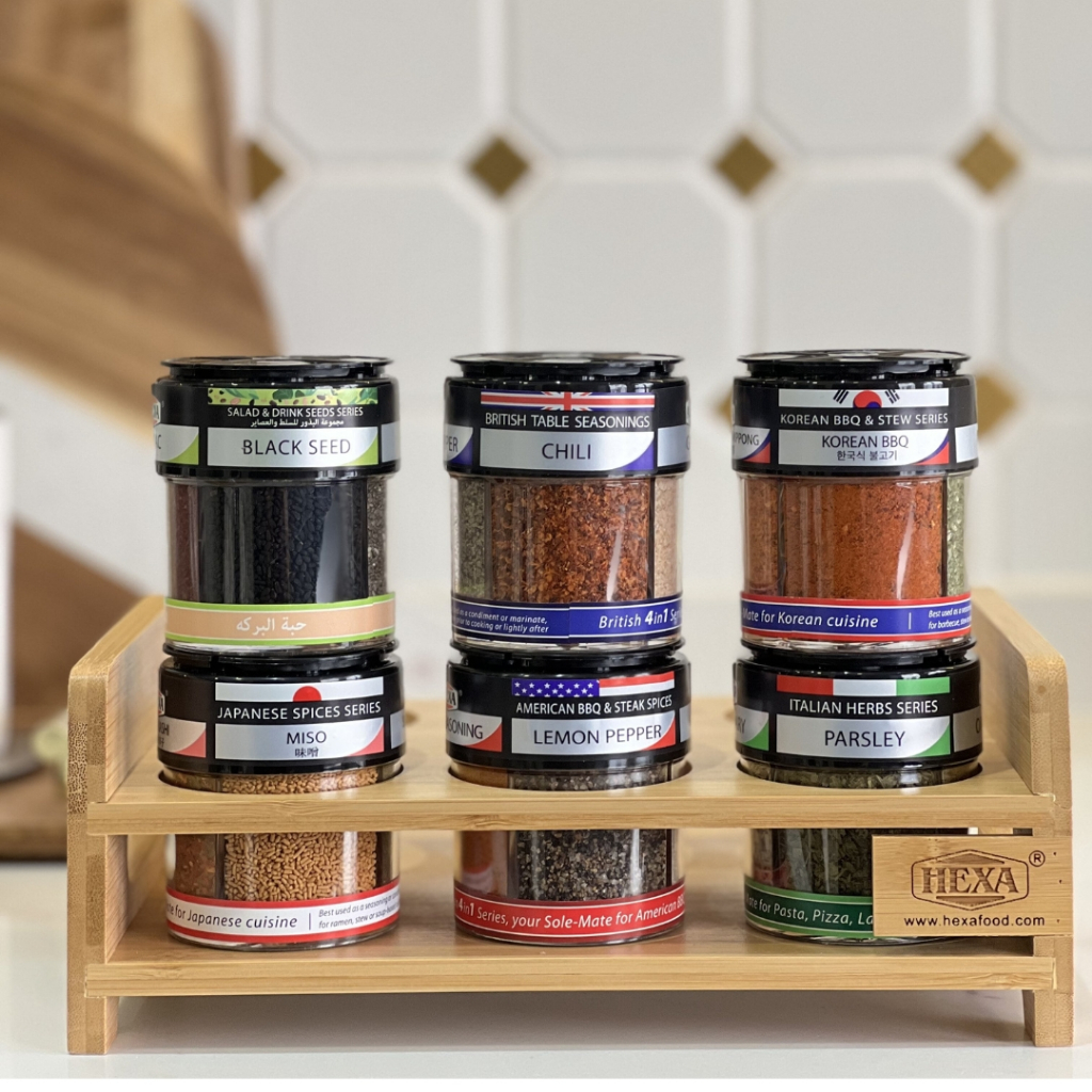 HEXA Wooden Spice Rack Gift Sets Spices 4 In 1 Series (6 Bottles) Storage Pantry