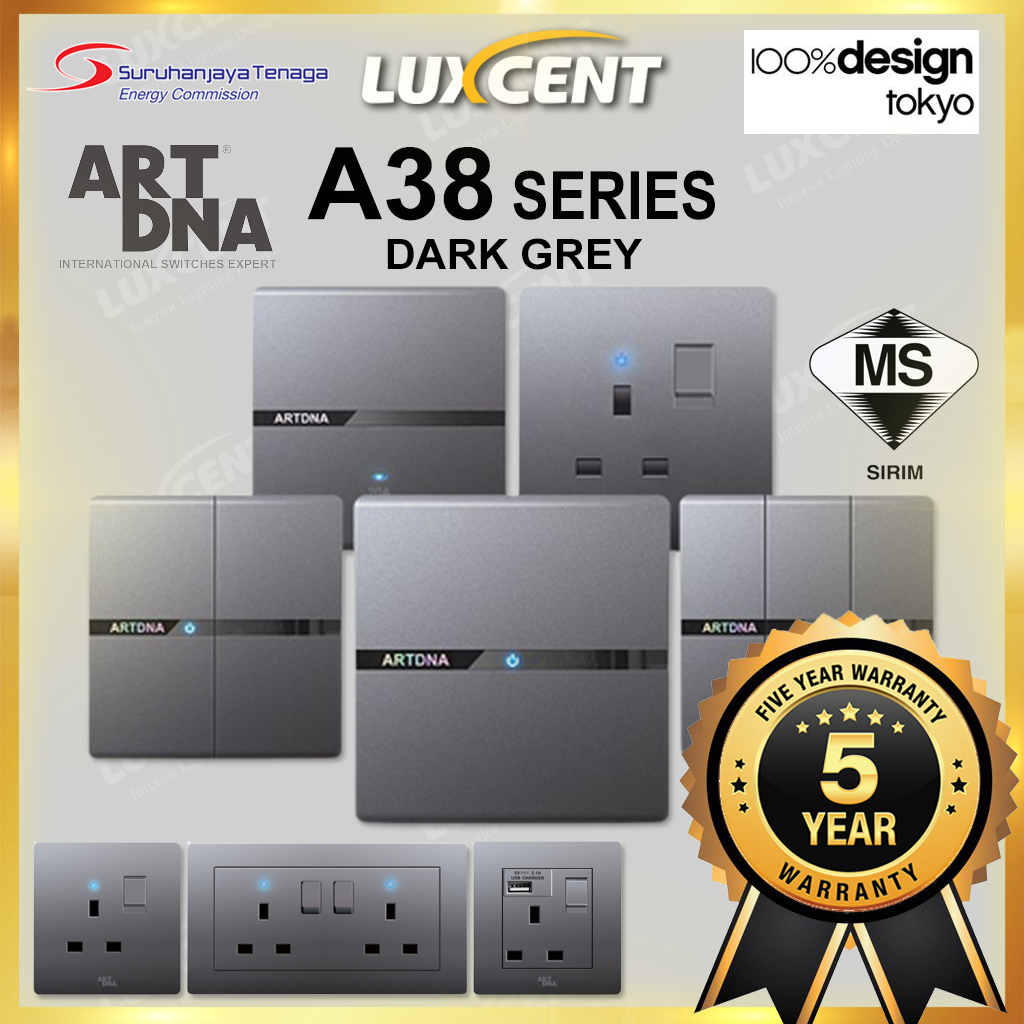 ART DNA A38 Classic Series Wall Switch & Socket 20A 1/2/3/4 Gang 1/2 Way Doorbell Flat Pin Universal [Dark Grey]