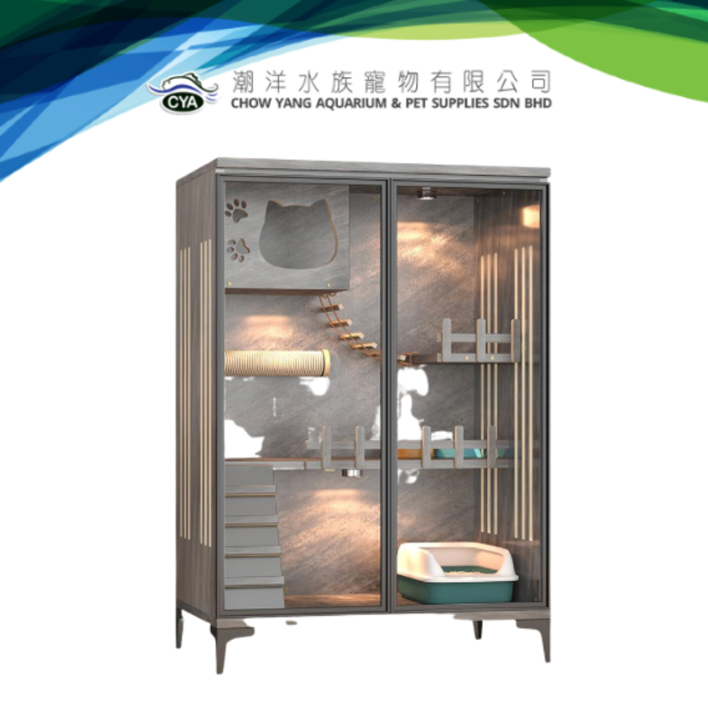 Upgrade New Premium Cat Cage Tempered Glass Door Villa Sangkar Kucing Tidur