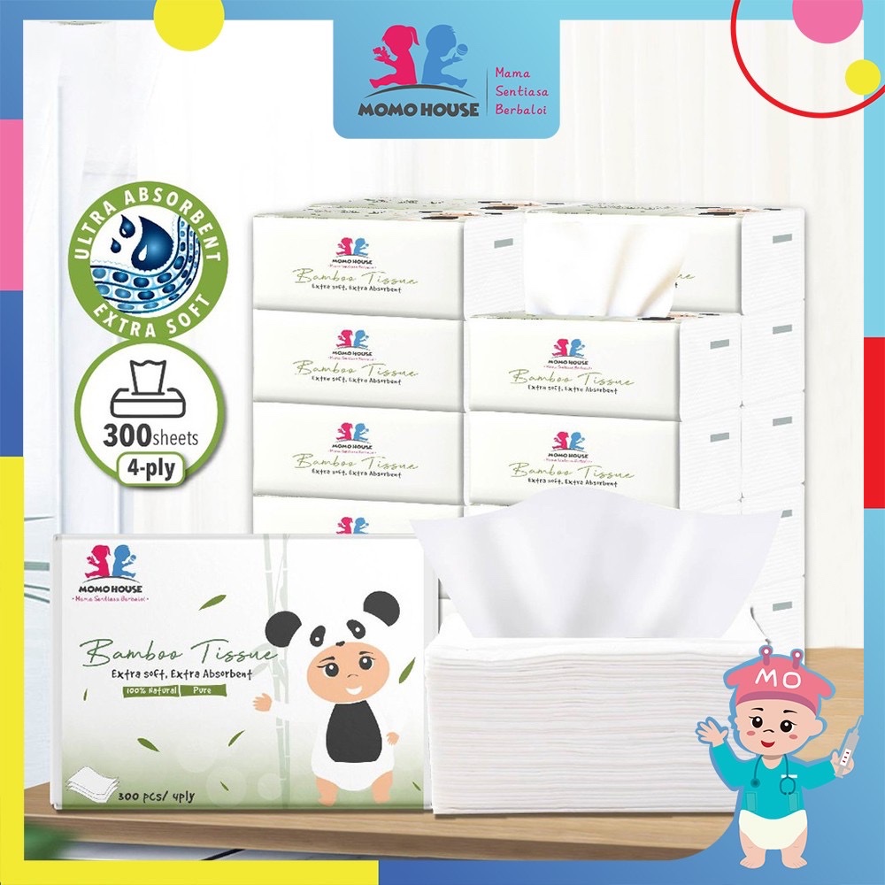 Momo House Bamboo Tissue Soft Facial Tisu Paper 75 Pulls x 4 Ply = 300pcs Per Pack