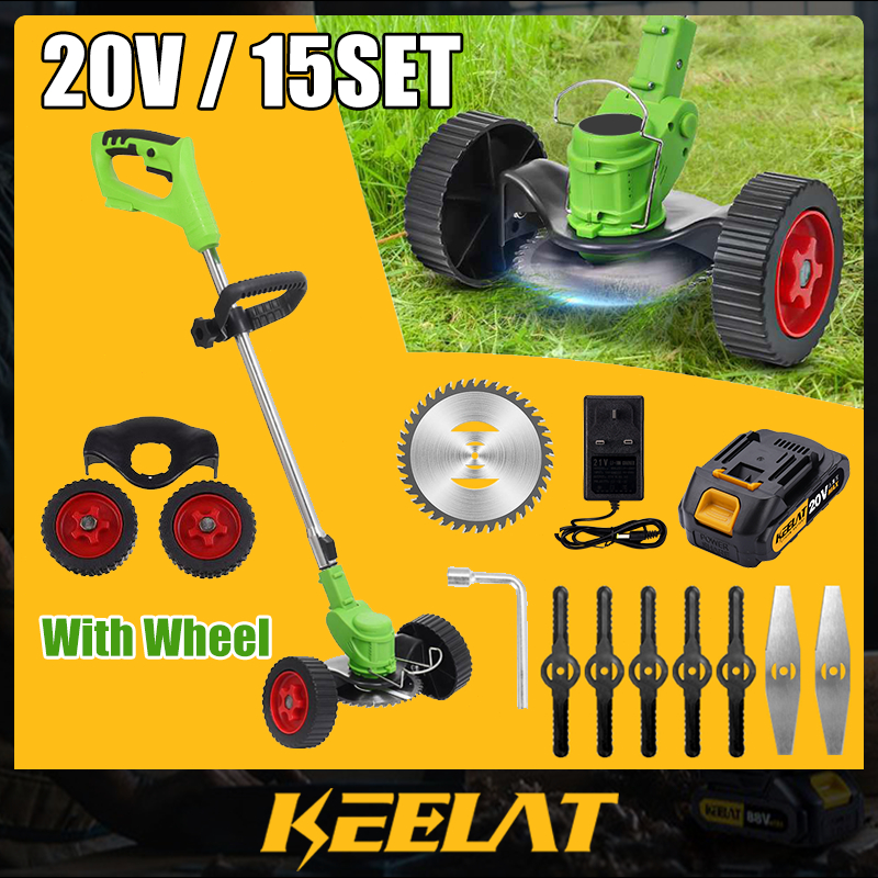 KEELAT 20V Mesin Rumput Battery with Wheel Electric Grass Trimmer Cordless Pruning Potong Garden Tools Grass Cutter Saw