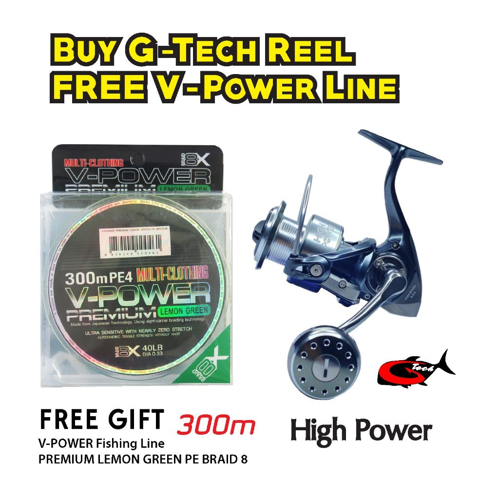 G-TECH HIGH POWER SW 4000XG, SW5000XG SPINNING REEL (BRASS GEAR) WITH FREE GIFT 300M V-POWER fishing line PE BRAID 8