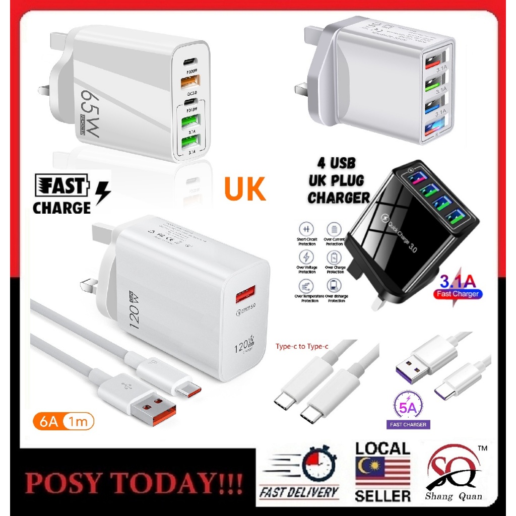 ♕LOCAL STOCK♕ UK 120W Fast Charging Power Adapter 66W 5 Ports 6A Type C Cable 30W Fast Charging Adapter 3.1A 4 USB