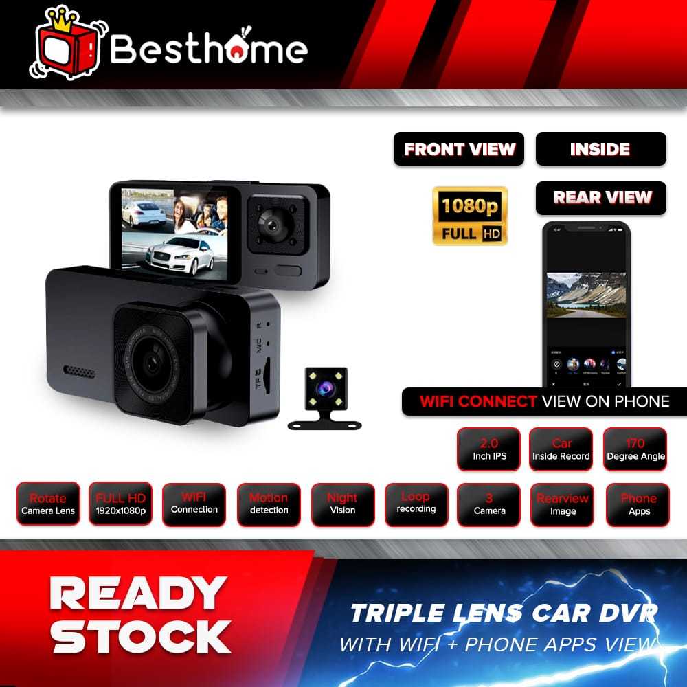 Malaysia First Dashcam+Carplay New 2024 Model Wifi Touch Screen Three Camera Lens HD Car Recorder CarCam Dash cam