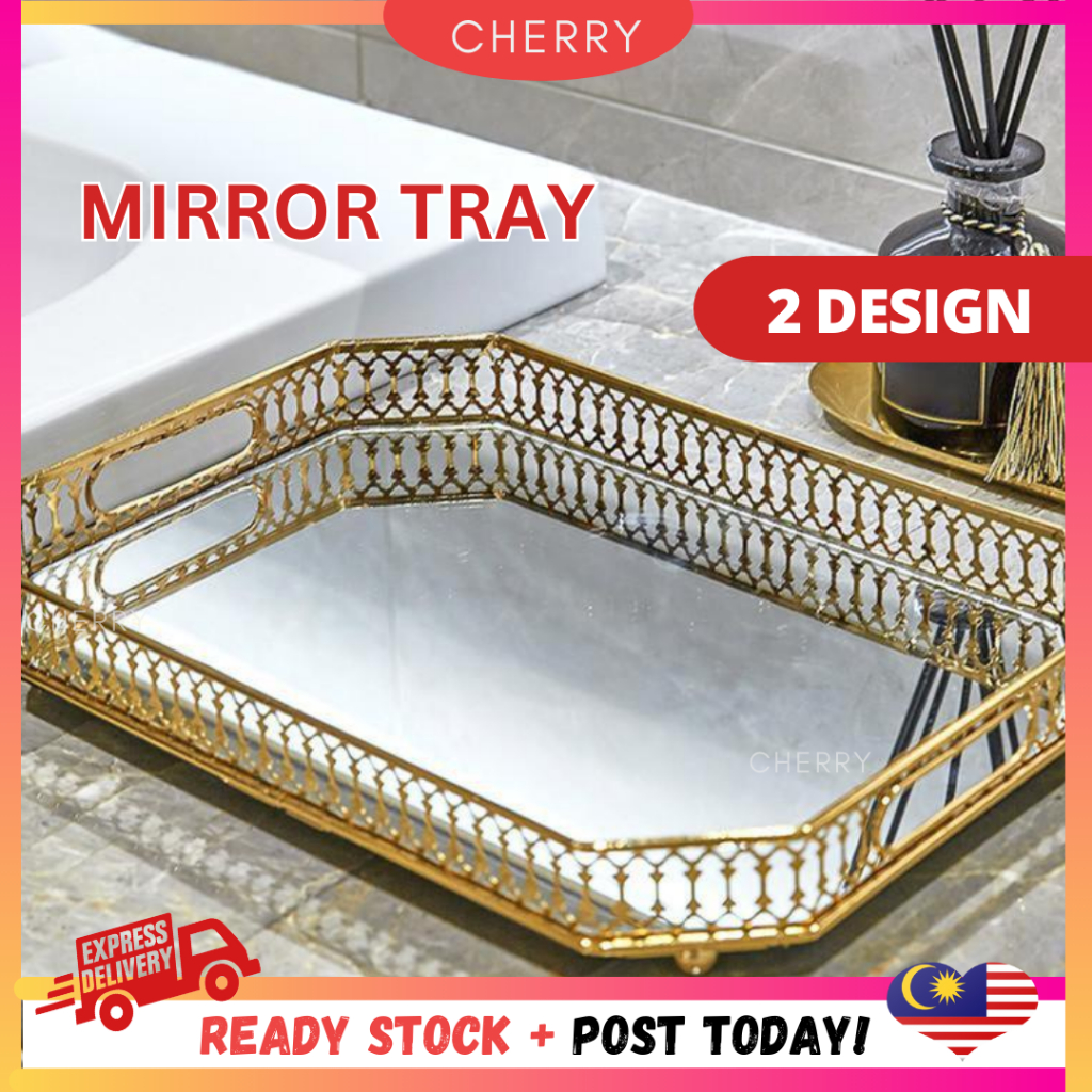 CHERRY European Mirror Tray Metal Gold Jewelry Tray Makeup Snack Tray Fruit Tray Dulang Cermin Dulang Hantaran 金属托盘