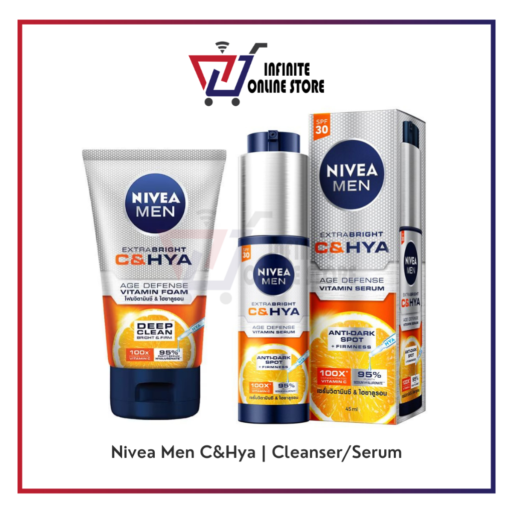 NIVEA MEN Extra Bright C&HYA Age Defense Vitamin Series Skincare Products (Foam Cleanser 100g / Serum SPF30 45ml)