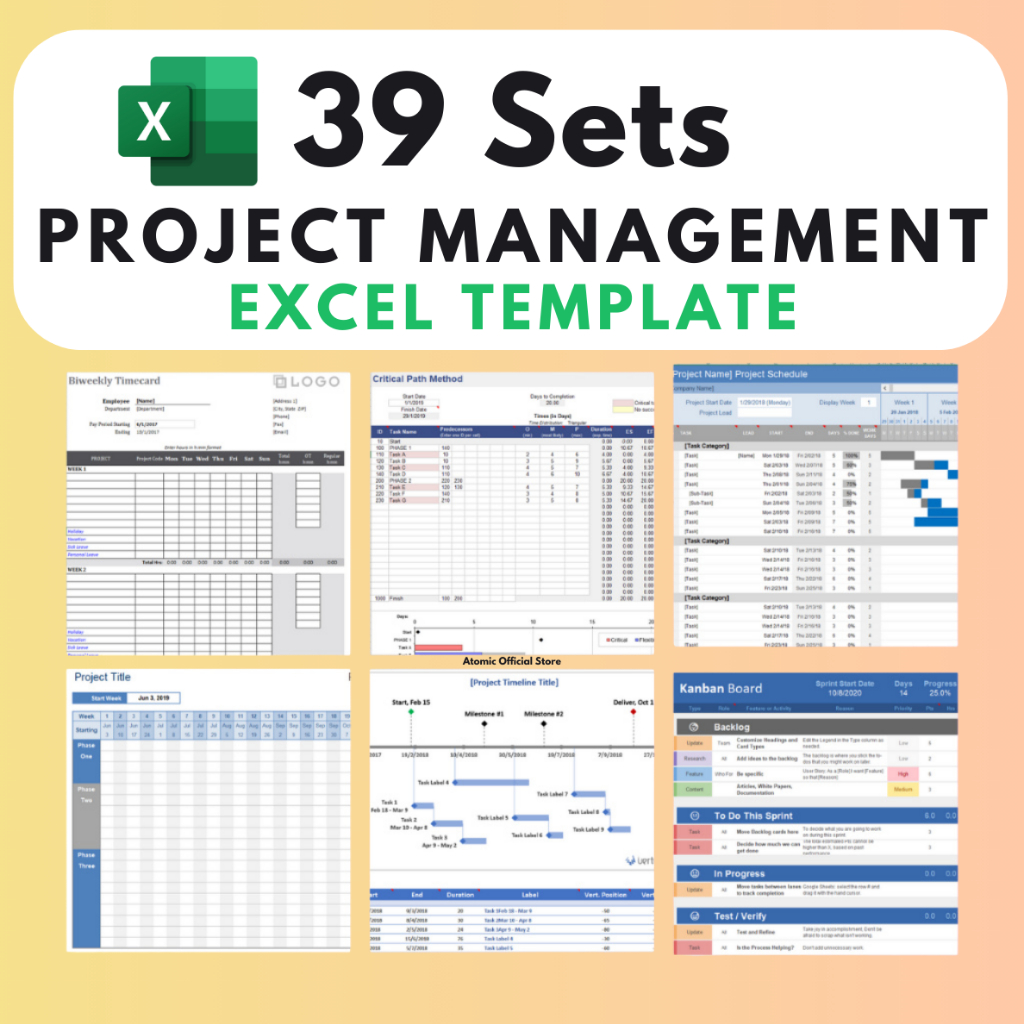 INSTANT 39 Set Project Management Excel Template : Gantt Chart | Kanban Board | Project Timeline | Action Item