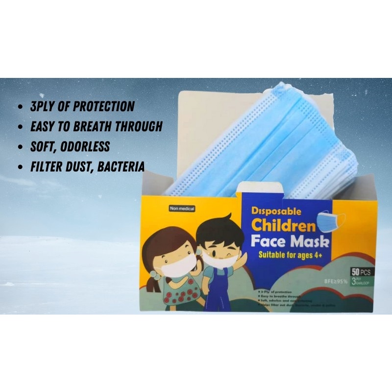 Safety Plus 3ply mask sky blue 50pcs/box/Non Medical Disposable Children Kids Face Mask Suitable for ages 4+3ply 50pcs p