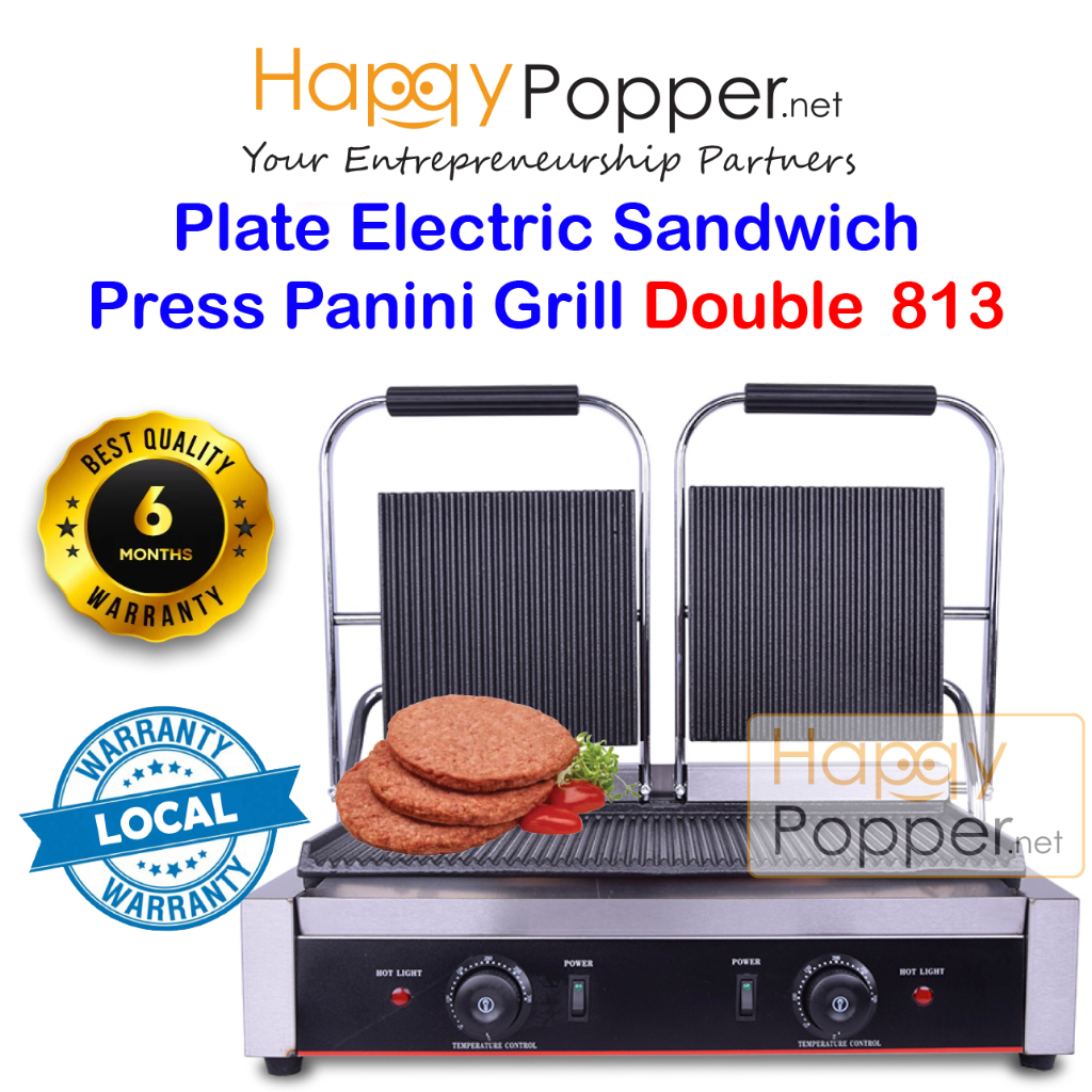 Happypopper Commercial Electric Belgium Press Griddle Plate Double Sanwich Toaster Grill Panini Maker Machine 813